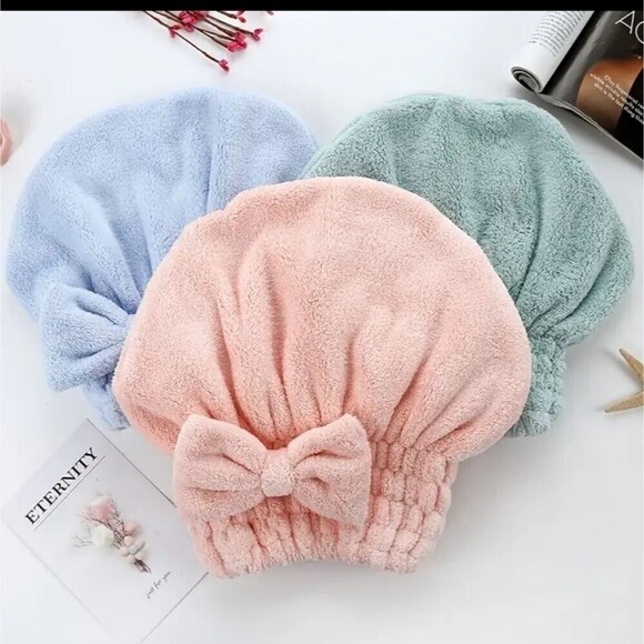 Taupe Terry shower cap headcover with bow bonnet - Picture 2 of 3
